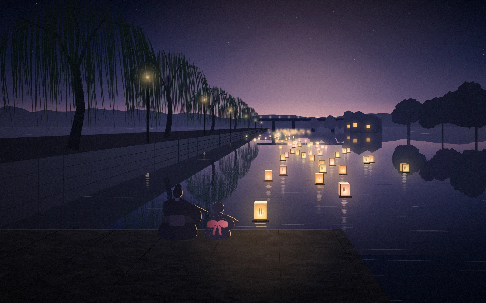 夕暮れの川を、無数の灯籠が橋のほうへ流れていく。左下の暗い石段には浴衣の親子がしゃがみ、子どもの手を離れたばかりの灯籠がいちばん手前に浮かんでいる。
